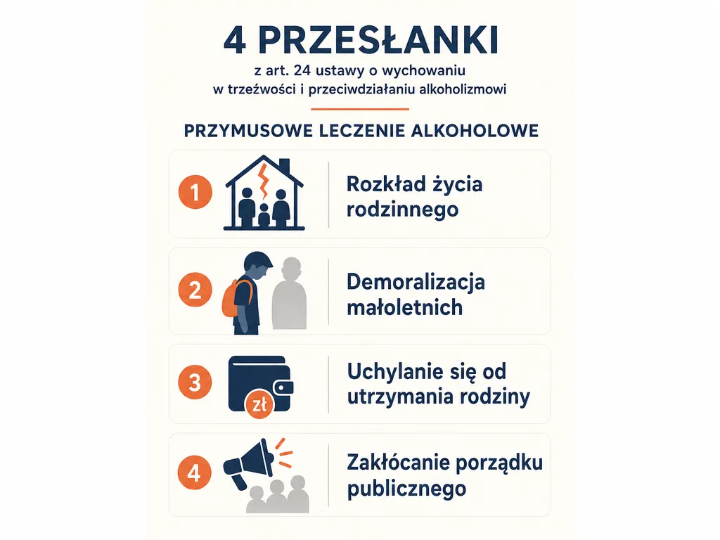 Infografika przedstawiająca cztery ustawowe przesłanki z art. 24 uzasadniające skierowanie na przymusowe leczenie