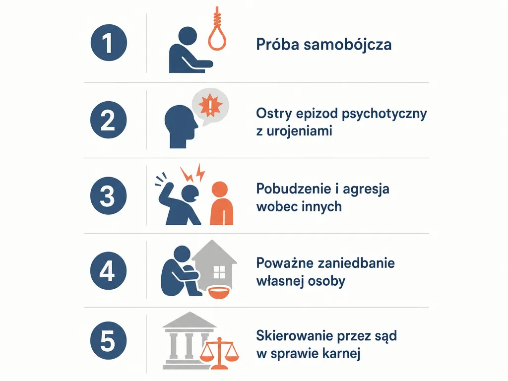 Wizualna lista pięciu sytuacji, w których pacjent trafia na obserwację psychiatryczną bez zgody