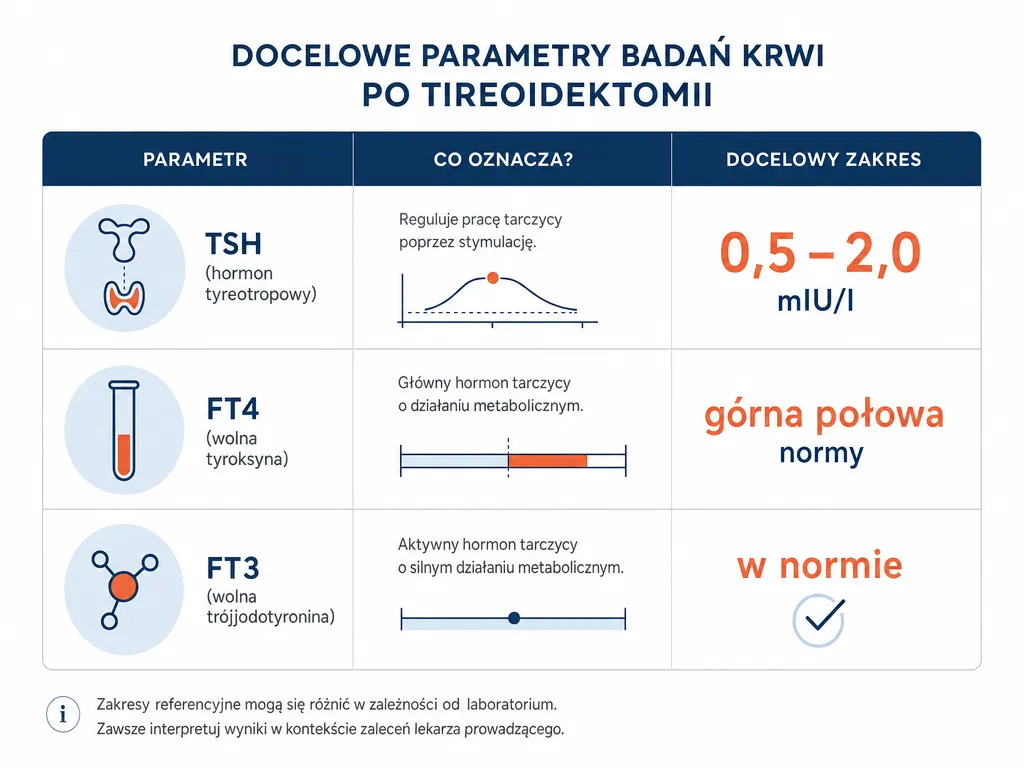 Infografika docelowych zakresów parametrów TSH, FT4 i FT3 po usunięciu tarczycy