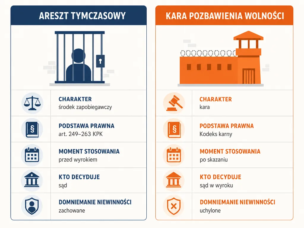 Infografika porównująca areszt tymczasowy z karą pozbawienia wolności według pięciu cech