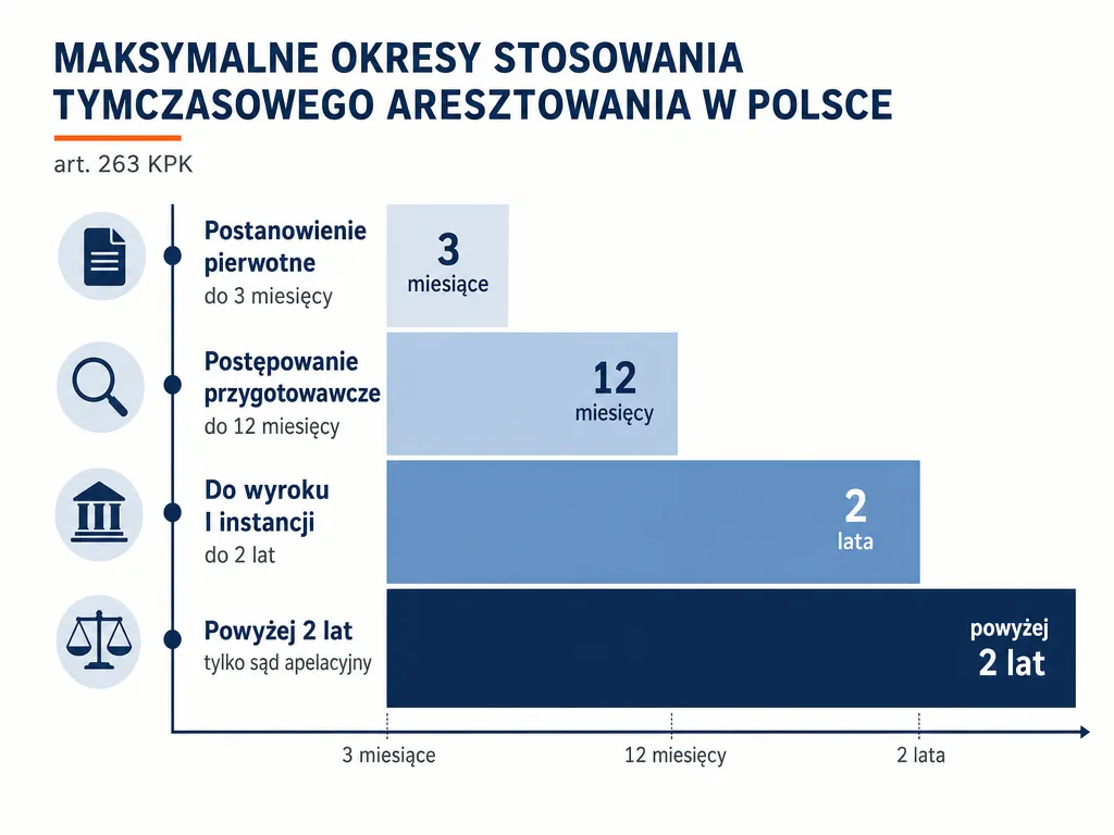 Infografika przedstawiająca maksymalne terminy trwania aresztu tymczasowego na kolejnych etapach postępowania