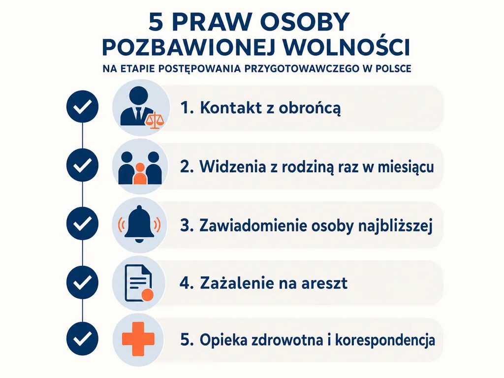 Wizualna lista pięciu praw osoby tymczasowo aresztowanej