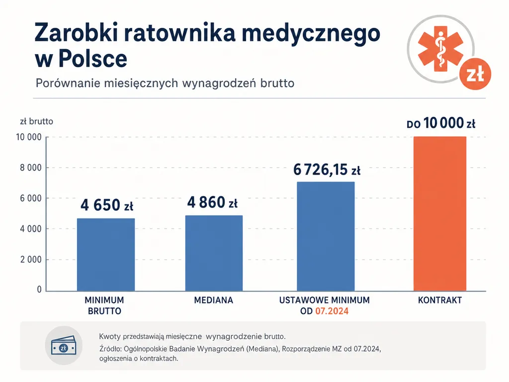 Infografika słupkowa porównująca zarobki ratownika medycznego w Polsce: minimum, mediana, ustawowe minimum i kontrakt