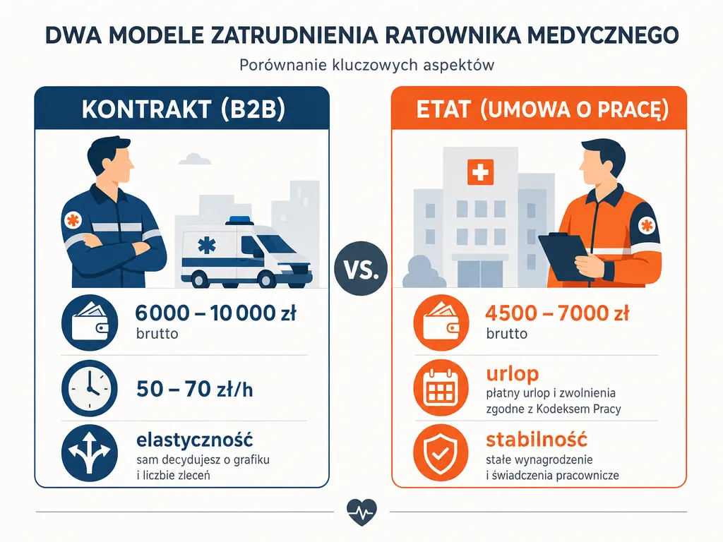 Infografika porównująca zarobki ratownika medycznego na kontrakcie B2B i na etacie