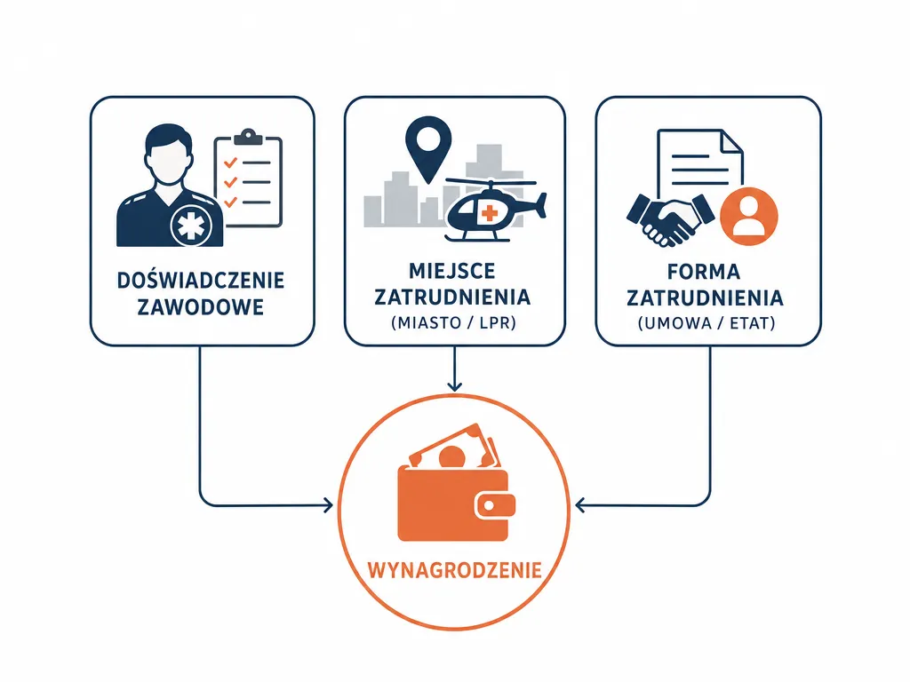 Diagram trzech czynników wpływających na zarobki ratownika medycznego: doświadczenie, miejsce i forma zatrudnienia