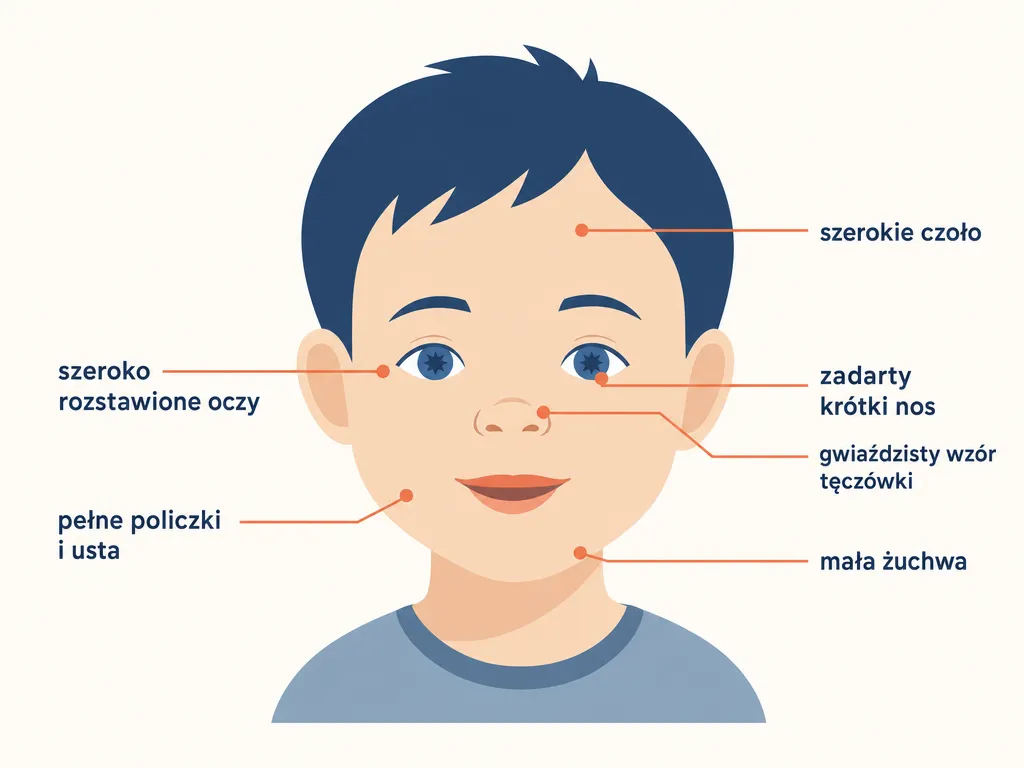 Infografika przedstawiająca charakterystyczne cechy twarzy dziecka z zespołem Williamsa