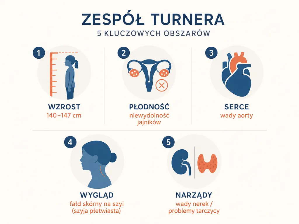 Infografika przedstawiająca najczęstsze cechy zespołu Turnera: wzrost, płodność, serce, wygląd i narządy