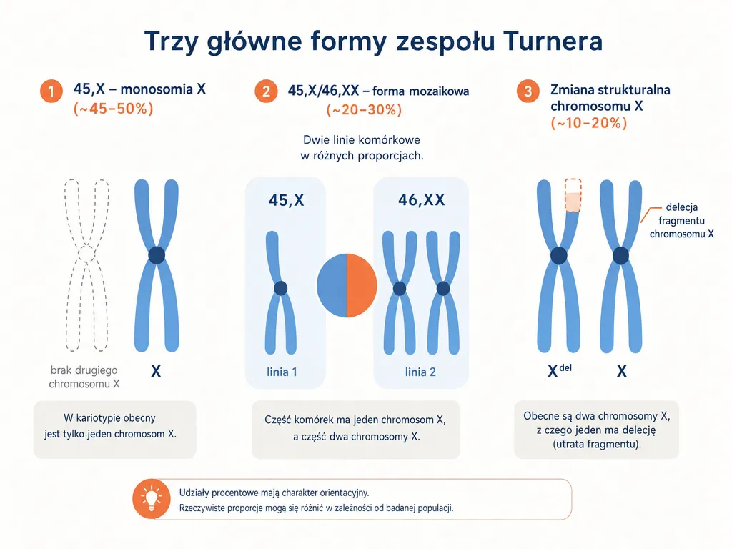 Diagram trzech postaci genetycznych zespołu Turnera: monosomia 45,X, postać mozaikowa i zmiana strukturalna chromosomu X