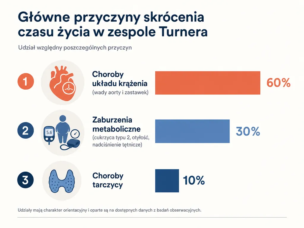 Infografika przedstawiająca główne przyczyny skrócenia życia w zespole Turnera z proporcjonalnymi paskami