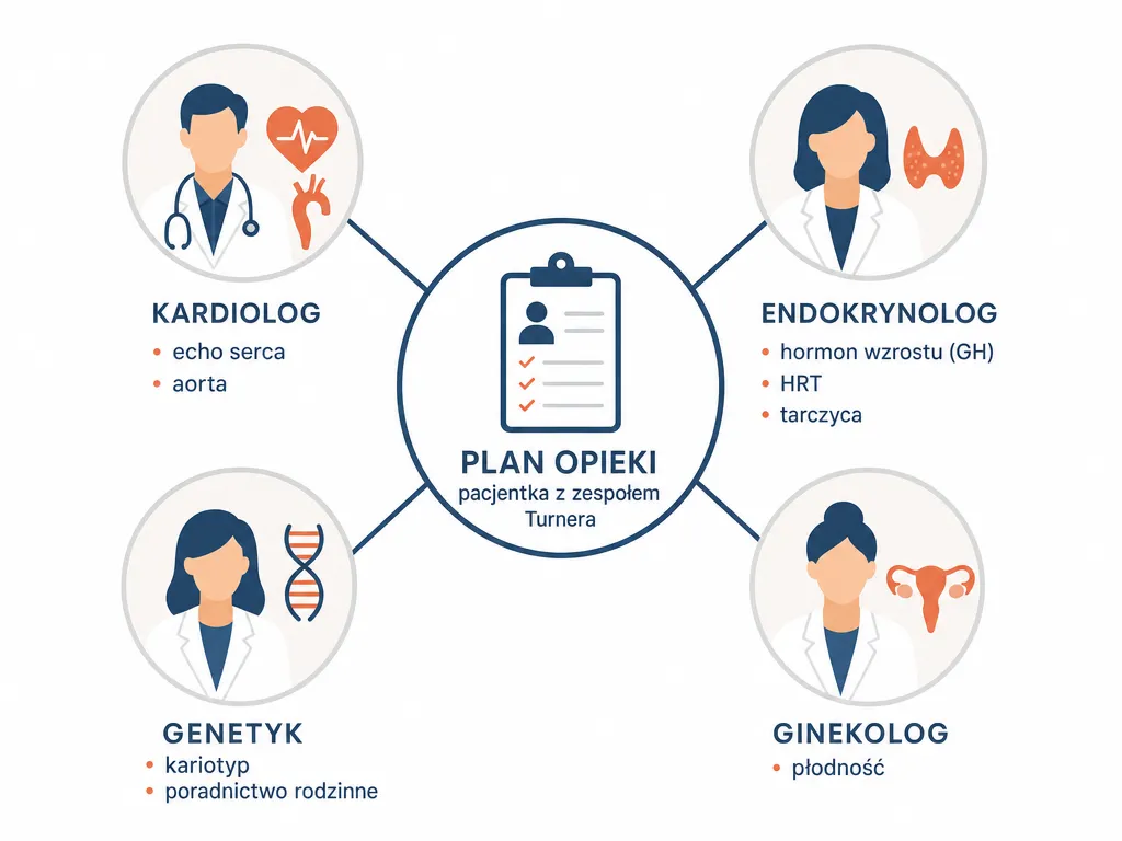 Diagram zespołu specjalistów opiekujących się pacjentkami z zespołem Turnera: kardiolog, endokrynolog, genetyk, ginekolog