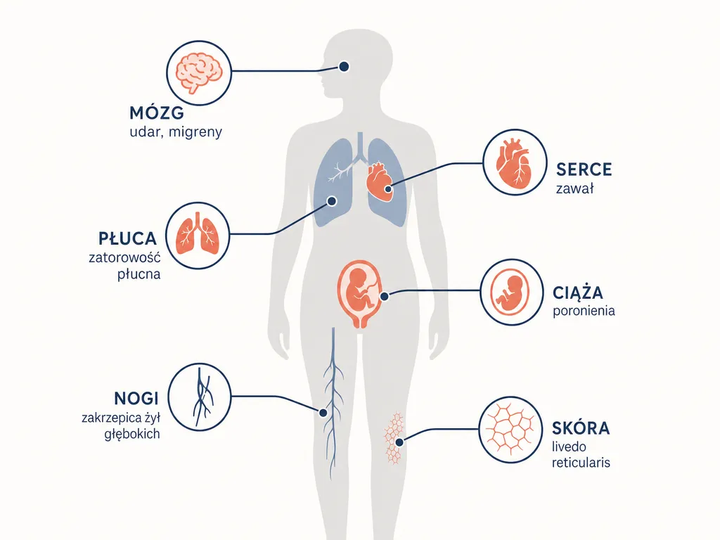 Infografika sylwetki człowieka z zaznaczonymi objawami APS według układów: mózg, serce, płuca, nogi, skóra, ciąża