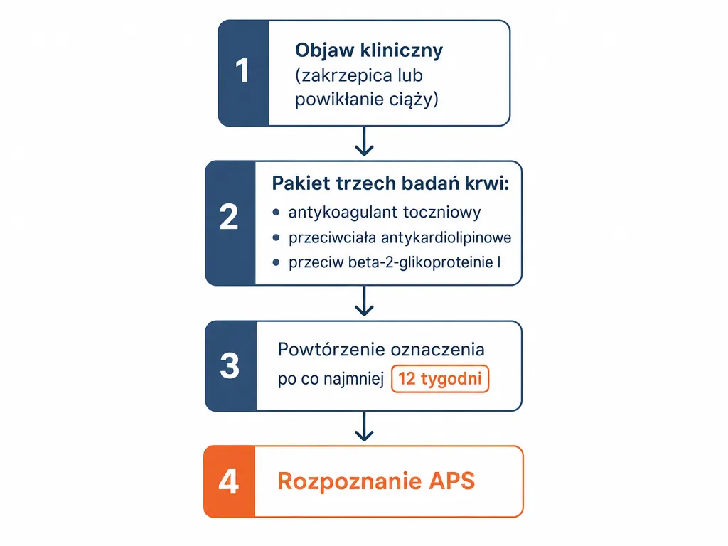 Diagram procesu diagnostyki APS: objaw kliniczny, pakiet trzech badań przeciwciał i powtórzenie po 12 tygodniach
