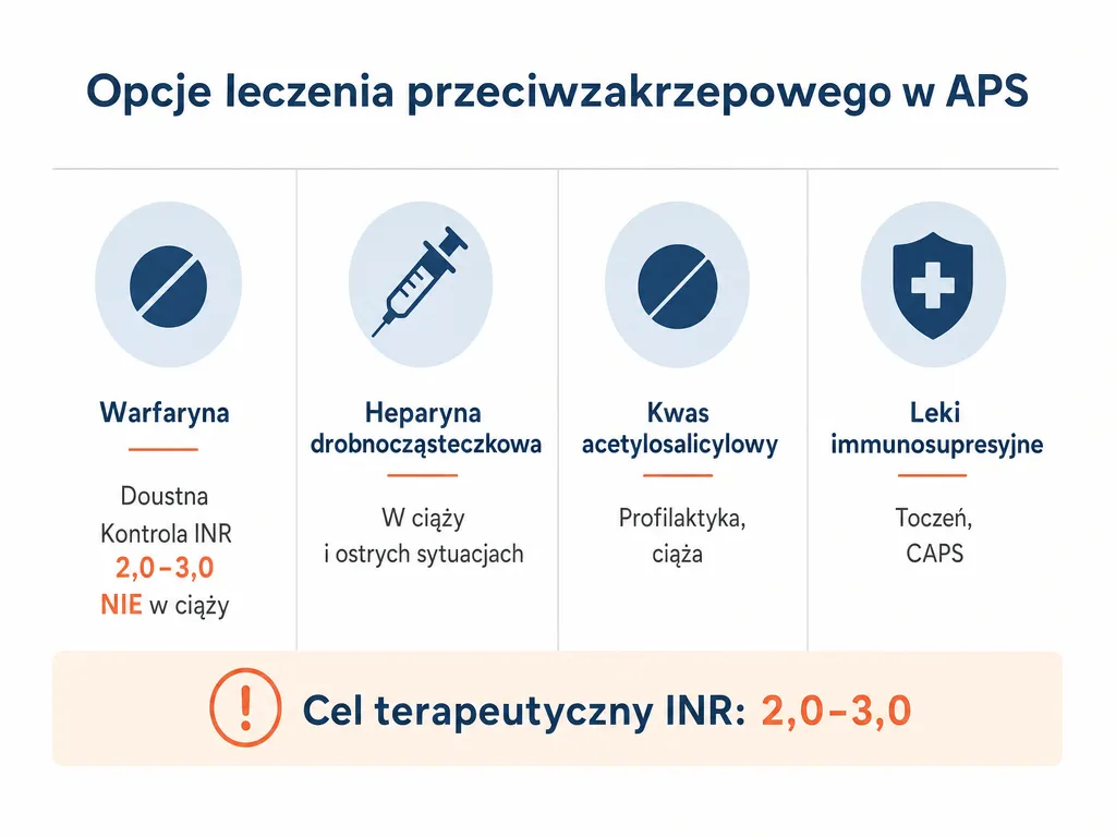 Infografika porównująca leki przeciwzakrzepowe w APS: warfaryna, heparyna, aspiryna i leki immunosupresyjne