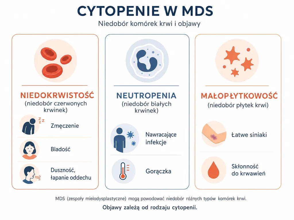 Infografika przedstawiająca trzy typy cytopenii w MDS i związane z nimi objawy: niedokrwistość, neutropenię i małopłytkowość