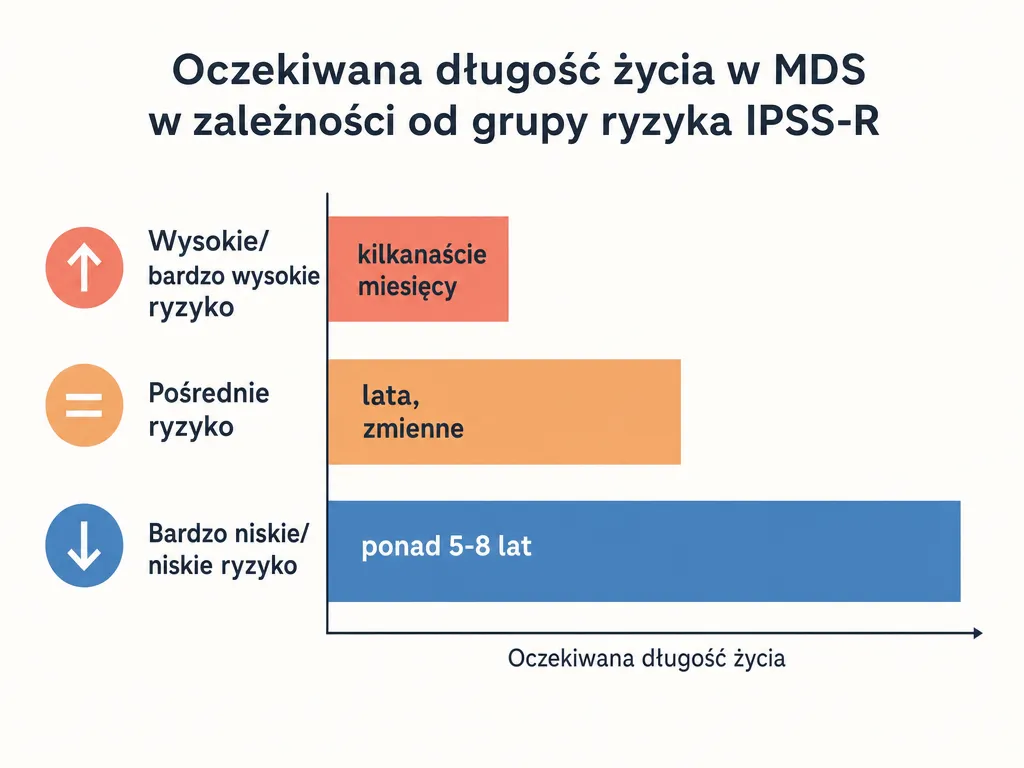 Wykres słupkowy porównujący orientacyjną długość życia w MDS według grup ryzyka skali IPSS-R