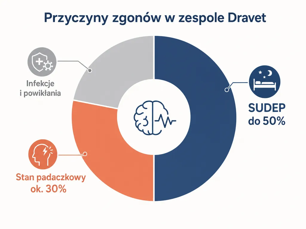 Wykres kołowy przedstawiający główne przyczyny zgonów w zespole Dravet: SUDEP, stan padaczkowy i infekcje