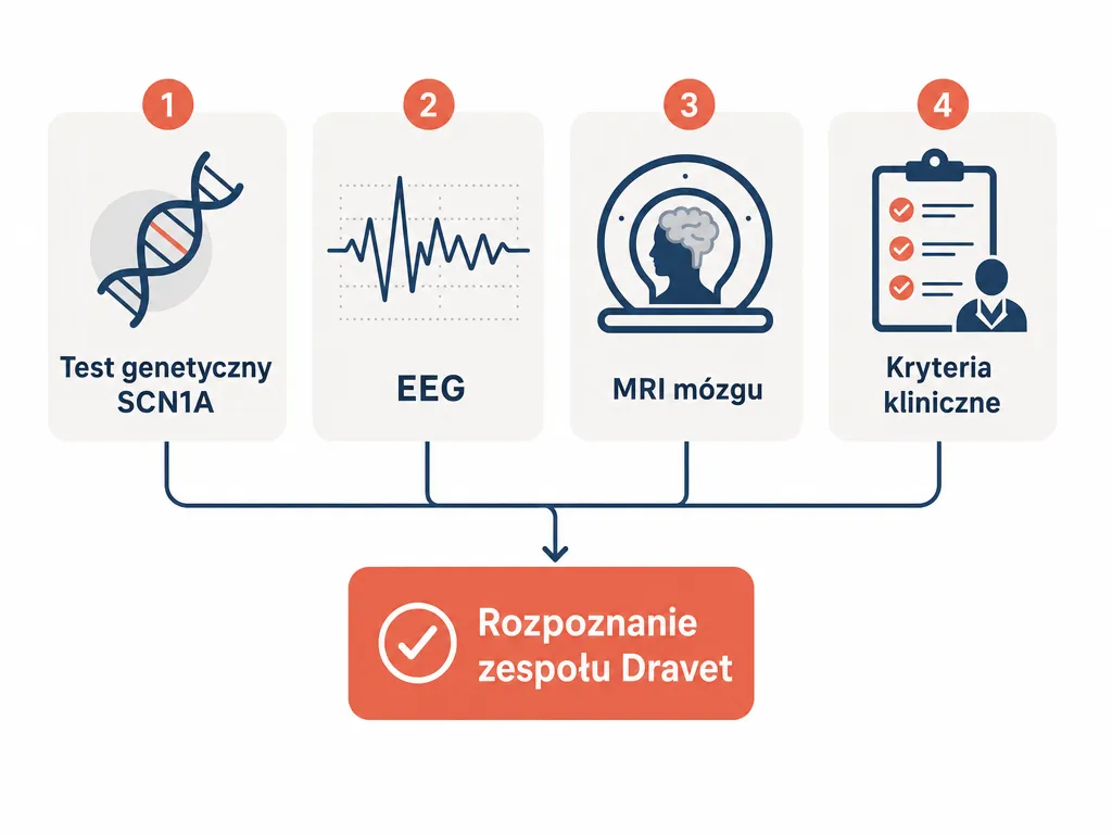 Diagram ścieżki diagnostycznej zespołu Dravet obejmujący test genetyczny, EEG i MRI