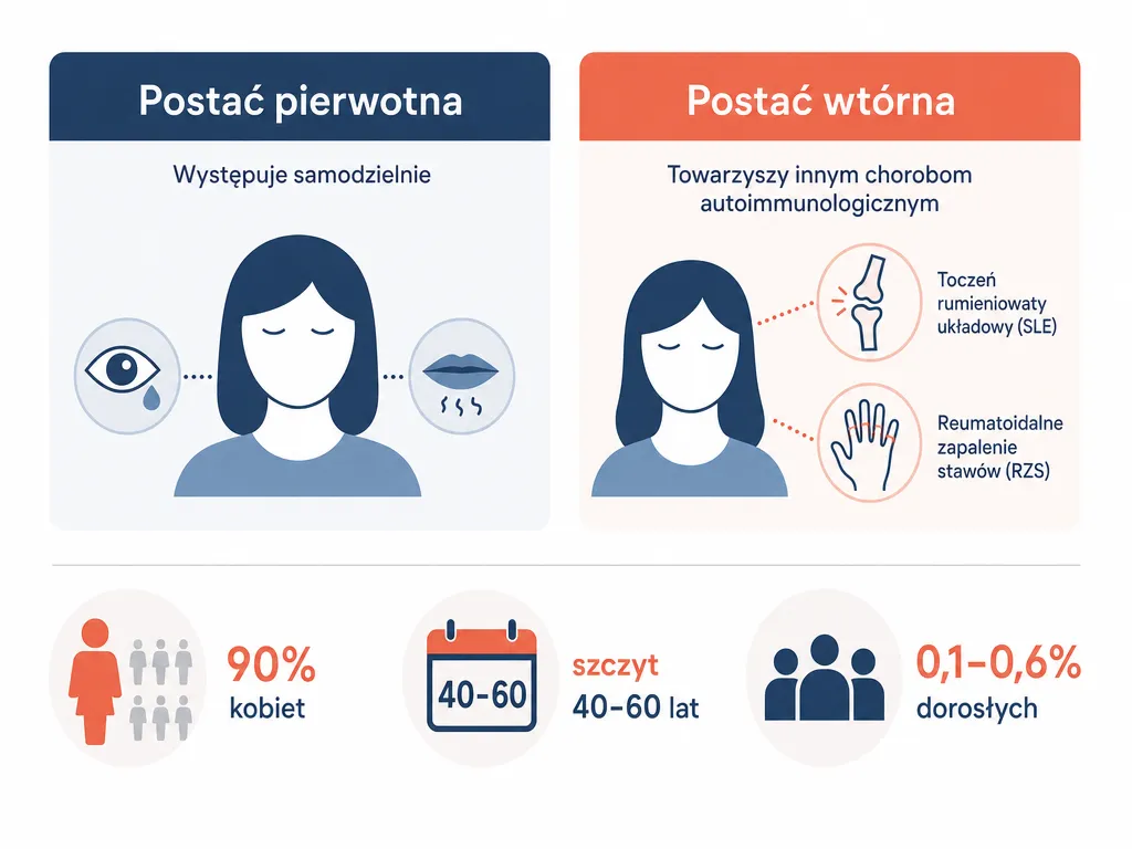 Infografika przedstawiająca dwie postaci zespołu Sjögrena oraz dane epidemiologiczne: 90 procent kobiet, szczyt zachorowań 40-60 lat