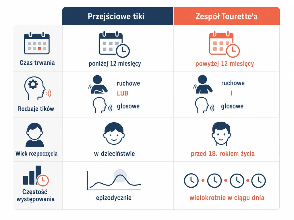 Infografika porównująca przejściowe tiki z zespołem Tourette'a według czasu trwania, typów tików, wieku i częstości