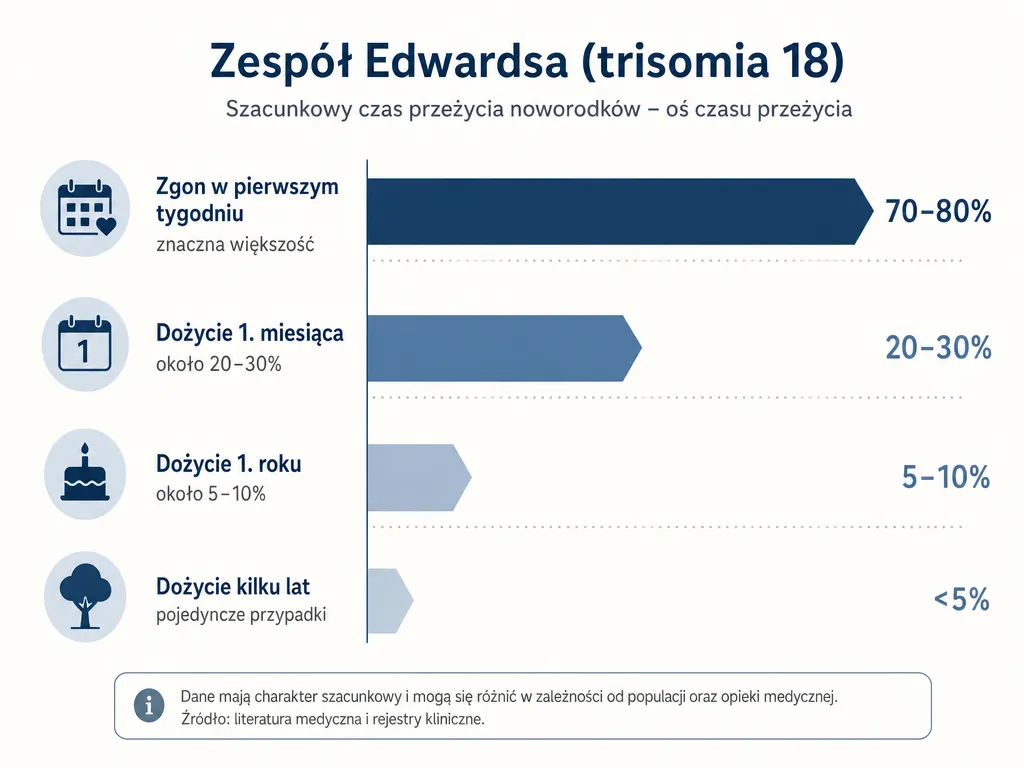Infografika przedstawiajaca przezywalnosc dzieci z zespolem Edwardsa w kolejnych punktach czasowych