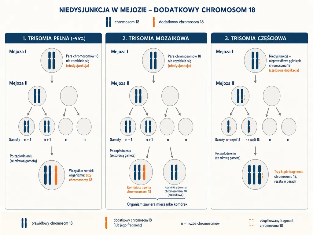 Diagram mechanizmu nondysjunkcji i trzech postaci trisomii 18: pelnej, mozaikowej i czesciowej
