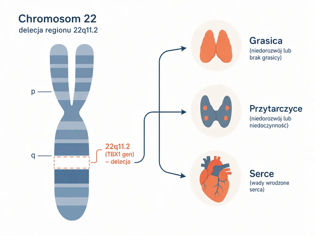 Diagram delecji regionu 22q11.2 na chromosomie 22 i wpływu na rozwój grasicy, przytarczyc i serca