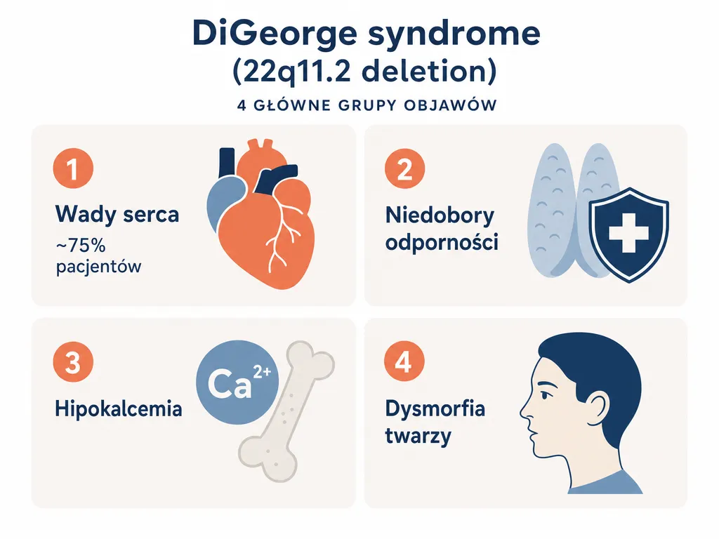 Infografika czterech głównych grup objawów zespołu Di George'a: wady serca, niedobory odporności, hipokalcemia, dysmorfia twarzy