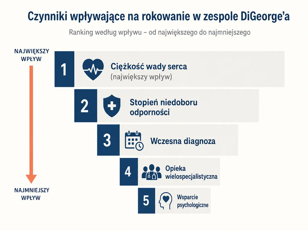 Infografika czynników wpływających na rokowanie w zespole Di George'a uporządkowanych według wpływu