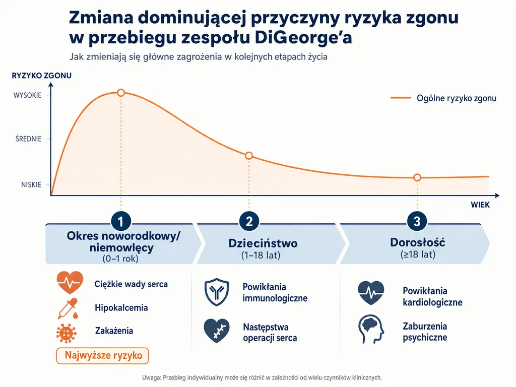 Oś czasu pokazująca zmianę dominujących przyczyn ryzyka zgonu w zespole Di George'a w kolejnych etapach życia