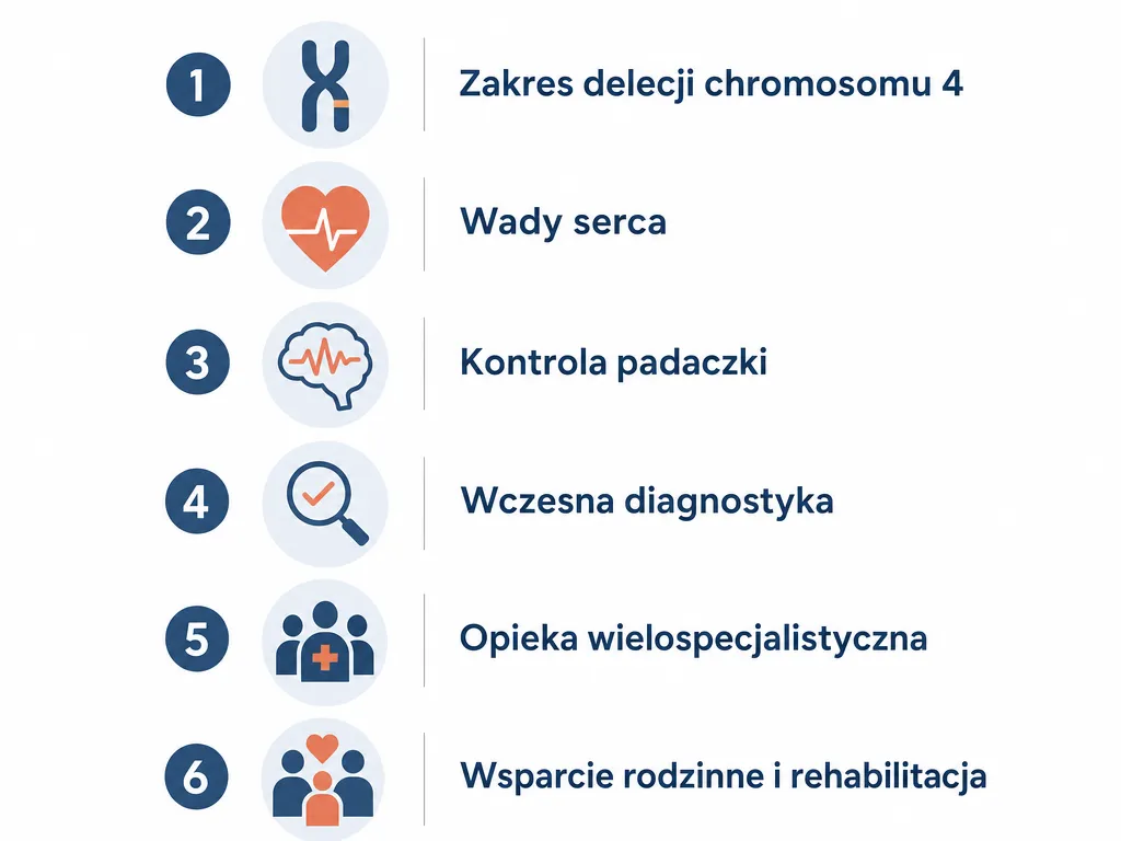 Infografika z sześcioma czynnikami wpływającymi na długość życia w zespole Wolfa-Hirschhorna
