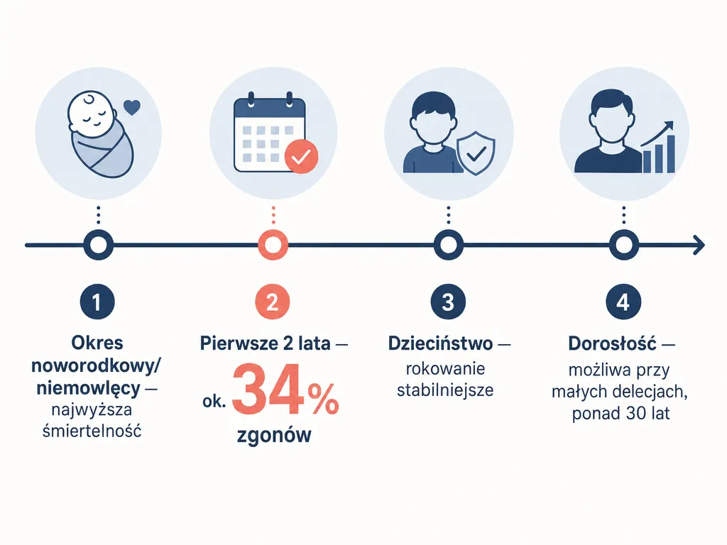 Oś czasu przedstawiająca rokowanie i śmiertelność w kolejnych okresach życia pacjenta z zespołem Wolfa-Hirschhorna