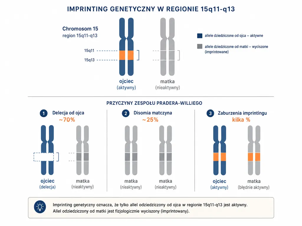 Diagram mechanizmu genetycznego zespołu Pradera-Williego w regionie 15q11-q13 i trzech przyczyn choroby