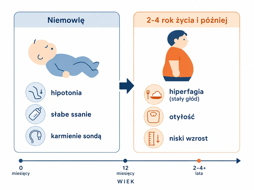 Oś czasu pokazująca zmianę objawów zespołu Pradera-Williego od wiotkości u niemowlęcia do hiperfagii i otyłości