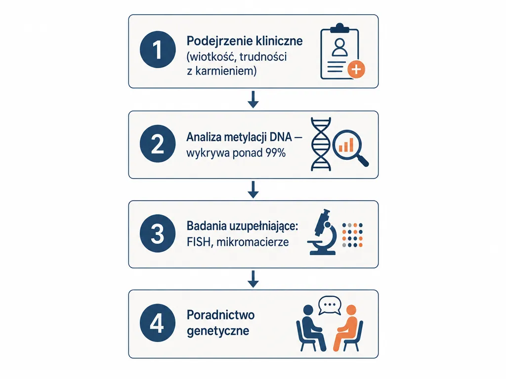 Diagram czterech kroków diagnostyki zespołu Pradera-Williego z analizą metylacji DNA jako testem pierwszego wyboru