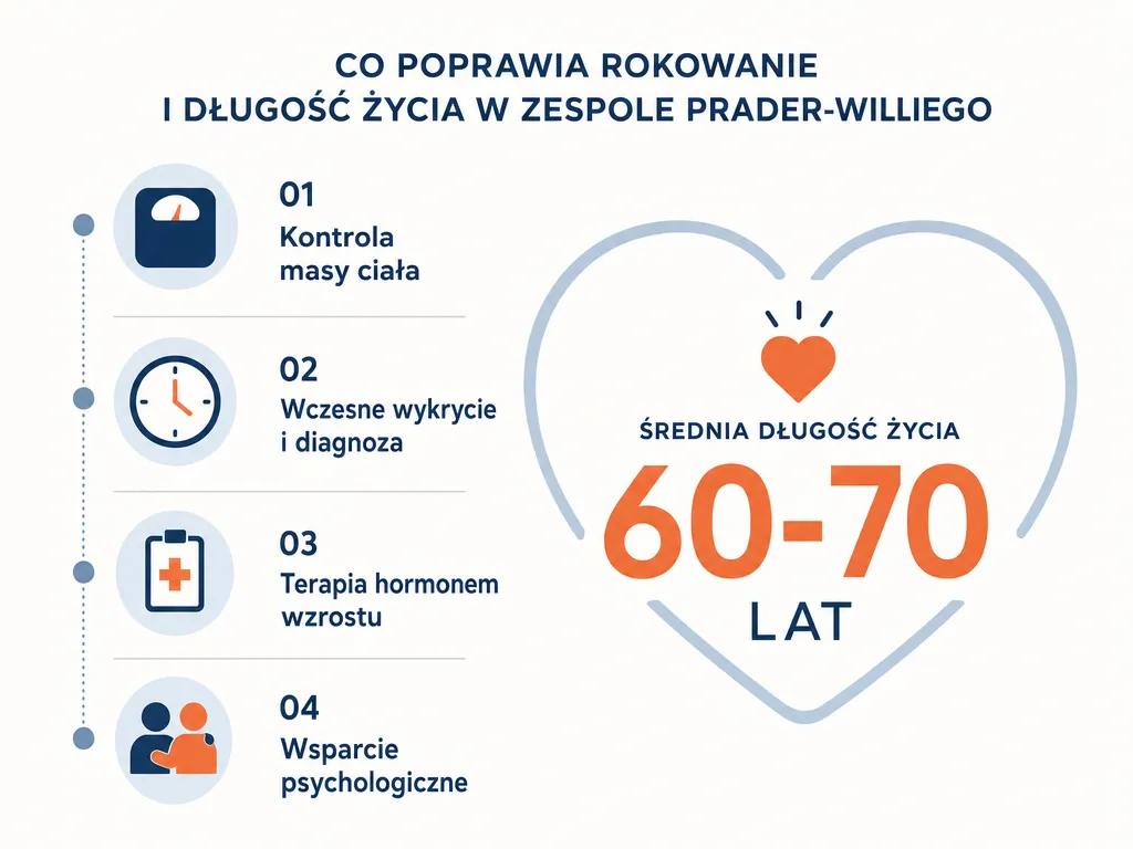 Infografika czynników wpływających na długość życia w zespole Pradera-Williego z zaznaczonym wiekiem 60-70 lat