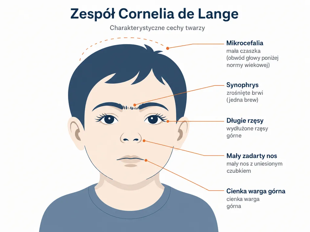 Diagram cech dysmorficznych twarzy w zespole Cornelii de Lange z opisami objawów