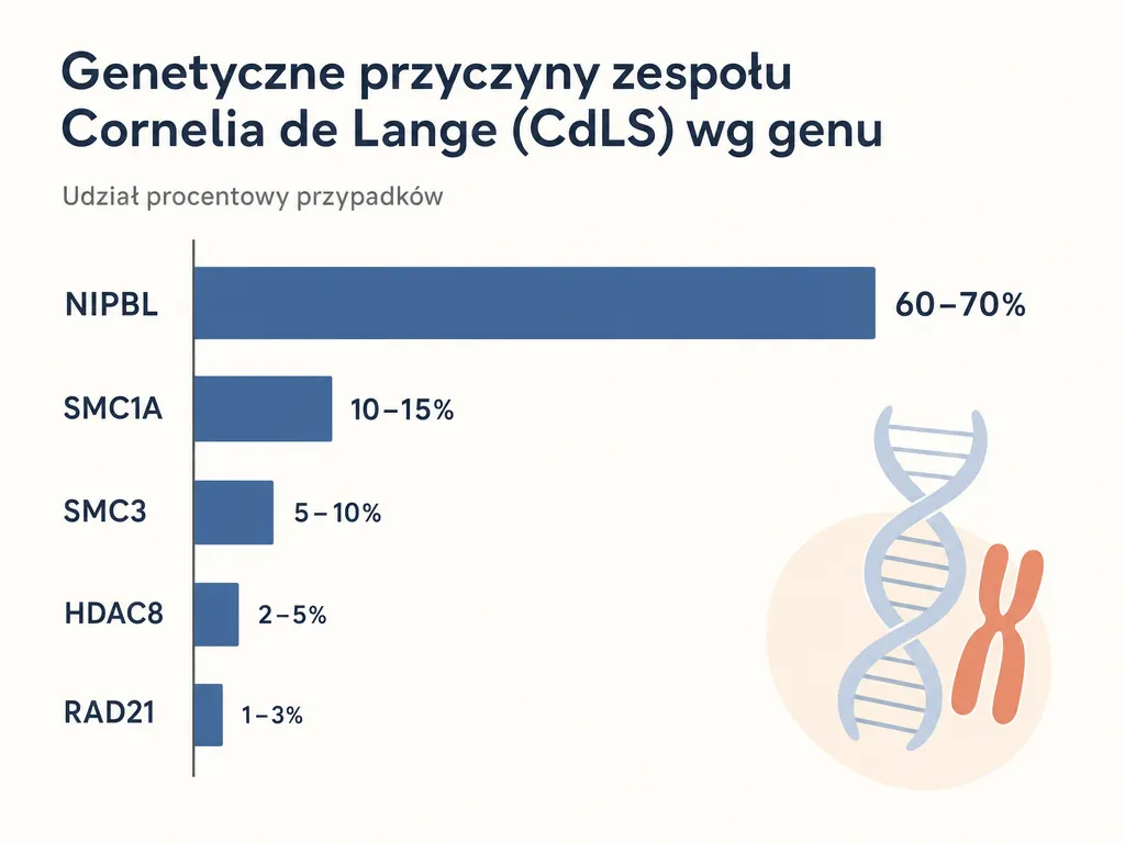 Wykres słupkowy przedstawiający udział mutacji genów kohezyny w zespole Cornelii de Lange, z dominującym NIPBL 60-70%