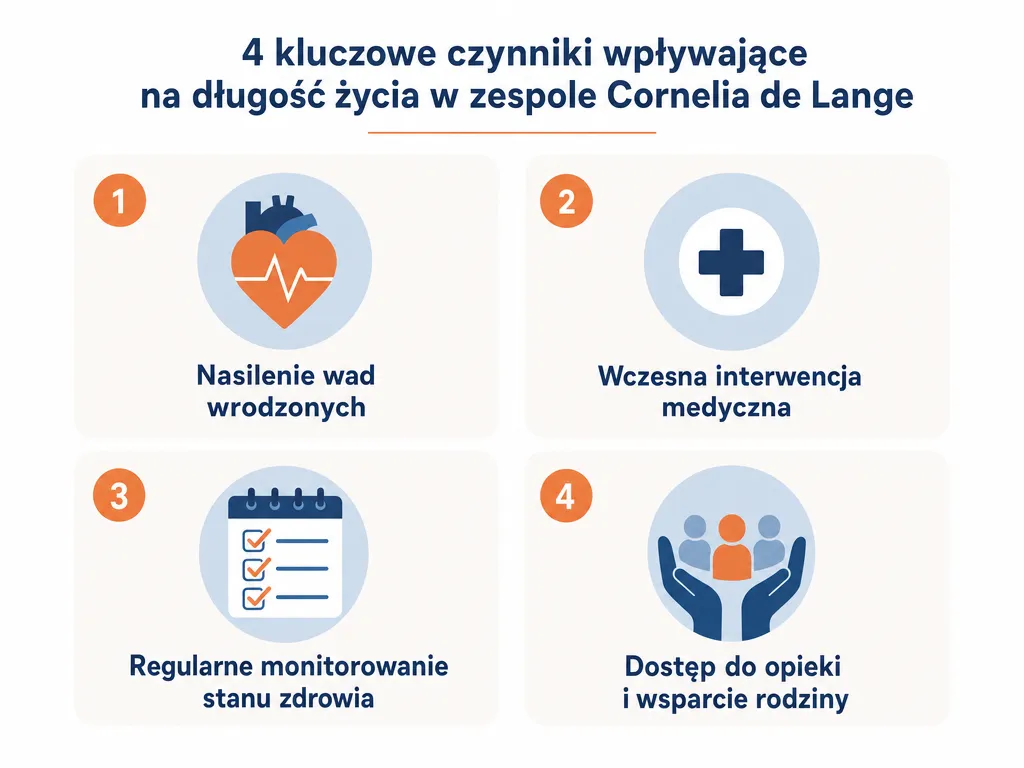 Infografika czterech czynników wpływających na długość życia w zespole Cornelii de Lange