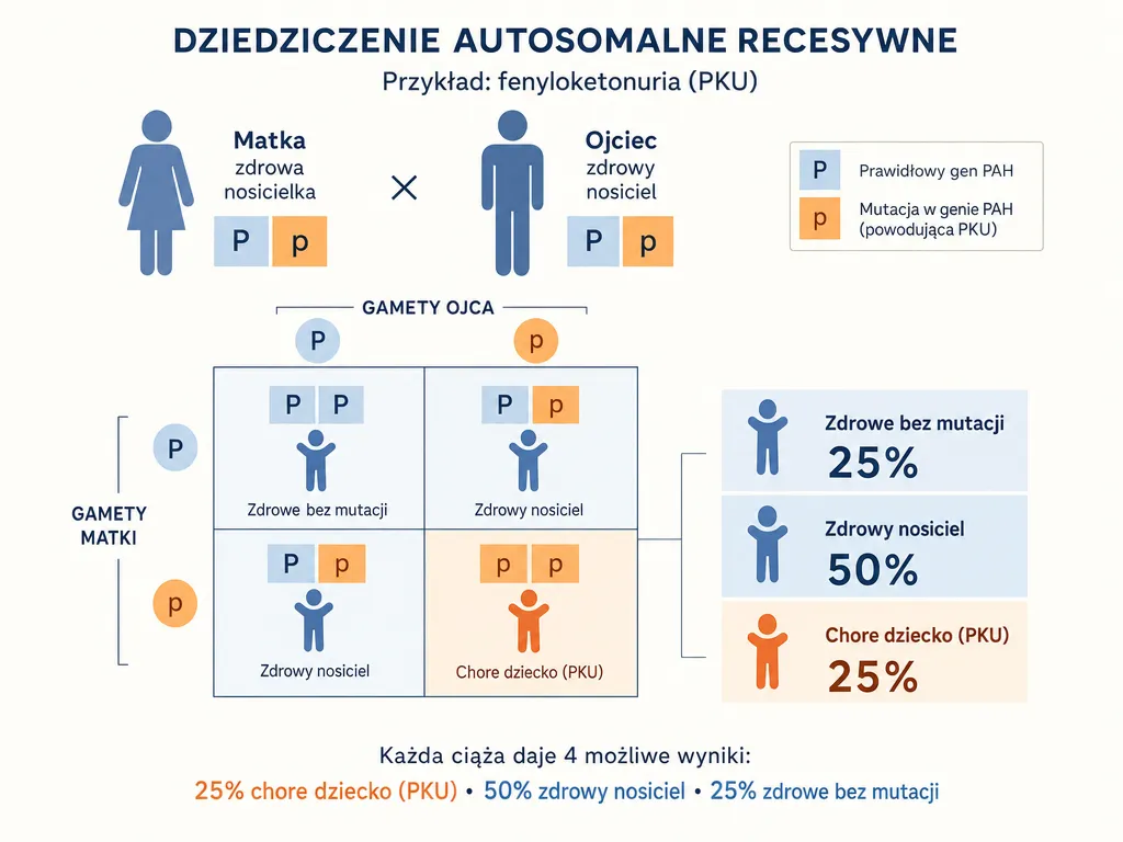 Infografika dziedziczenia autosomalnie recesywnego fenyloketonurii z ryzykiem 25% choroby przy dwojgu nosicielach