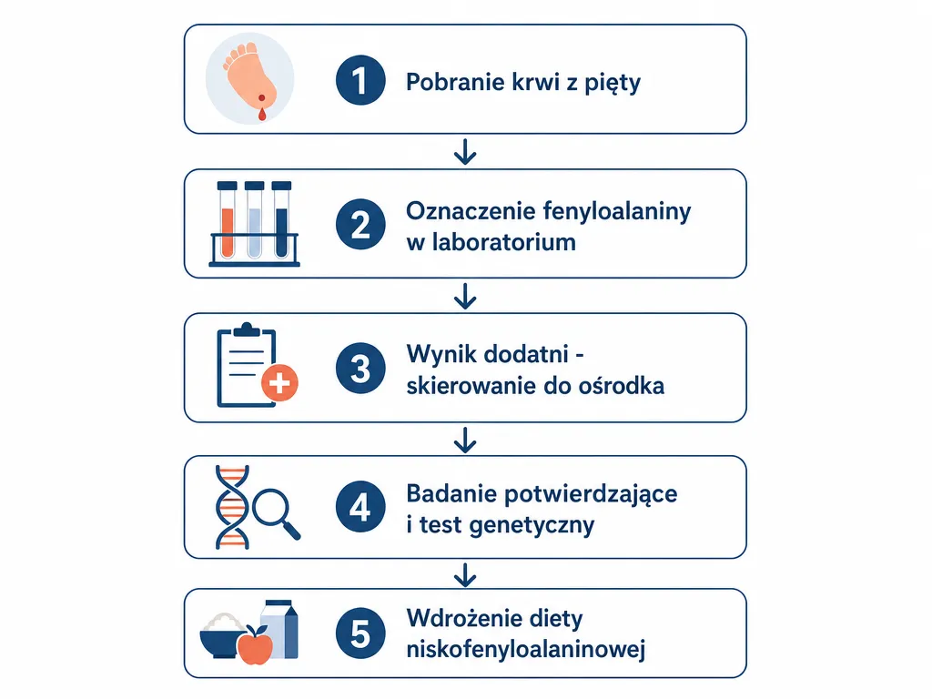 Diagram procesu diagnostyki fenyloketonurii - od testu z pięty do wdrożenia diety niskofenyloalaninowej
