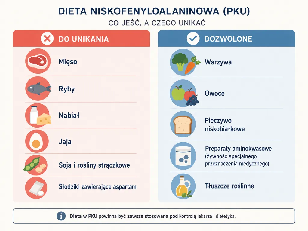 Infografika porównująca produkty dozwolone i zakazane w diecie niskofenyloalaninowej przy fenyloketonurii