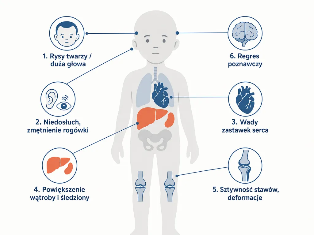 Infografika anatomiczna pokazująca objawy MPS w podziale na układy: twarz, zmysły, serce, narządy wewnętrzne, stawy i układ nerwowy