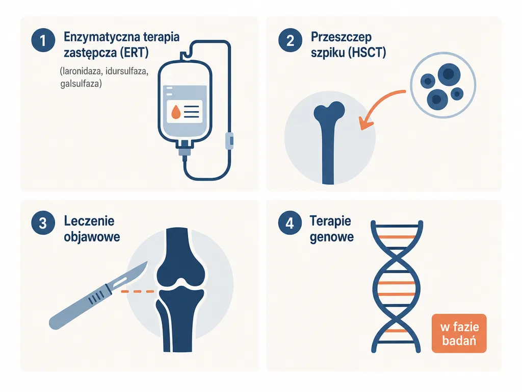 Infografika czterech metod leczenia MPS: terapia enzymatyczna, przeszczep szpiku, leczenie objawowe i terapie genowe
