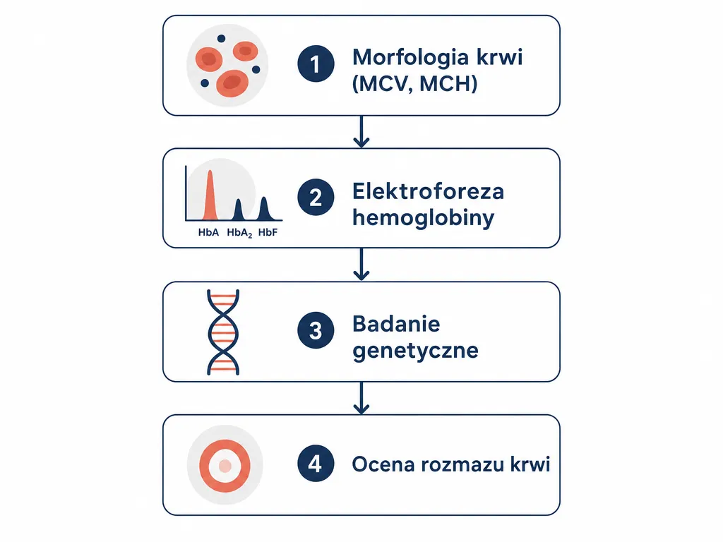 Diagram czterech kroków diagnostyki talasemii: morfologia, elektroforeza hemoglobiny, badanie genetyczne i ocena rozmazu krwi