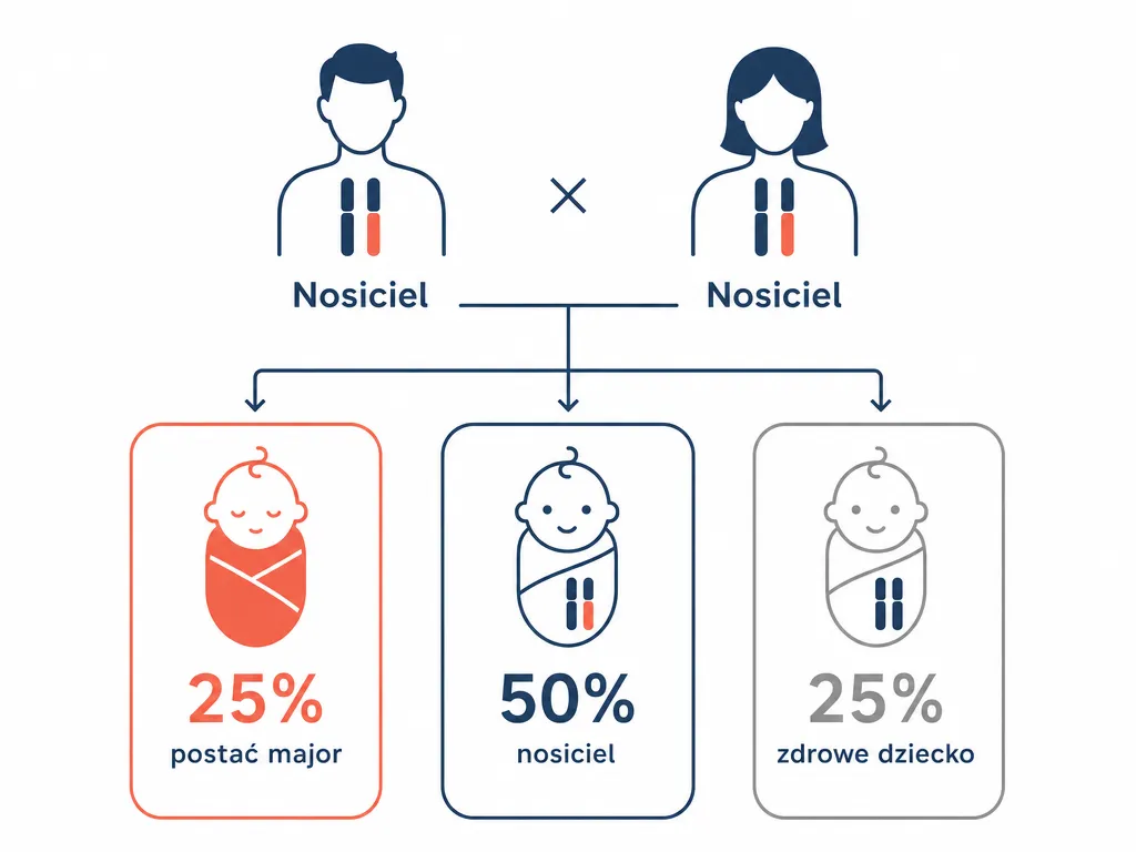 Diagram dziedziczenia talasemii pokazujący ryzyko 25 procent postaci major gdy oboje rodzice są nosicielami