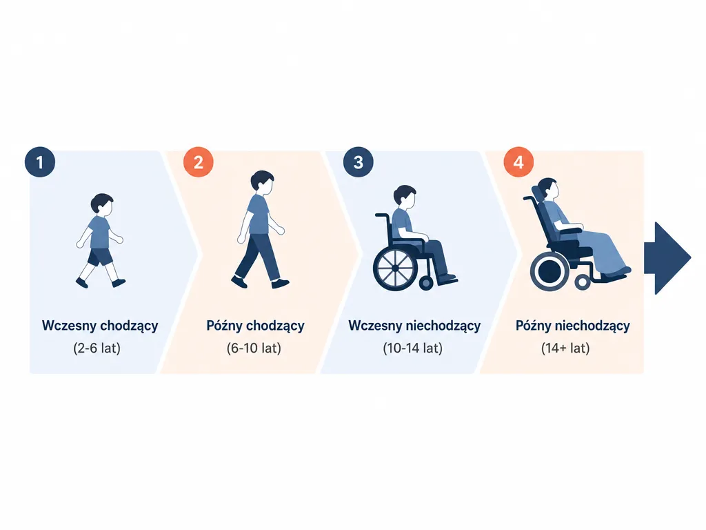 Diagram osi czasu przedstawiający cztery etapy postępu dystrofii Duchenne'a według wieku
