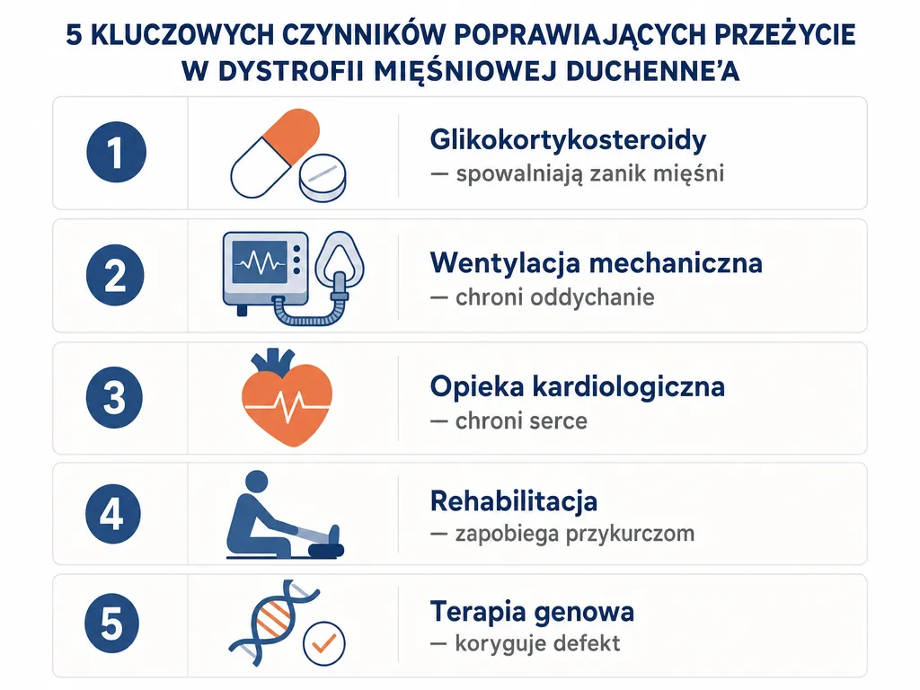 Infografika przedstawiająca pięć czynników poprawiających przeżywalność w dystrofii Duchenne'a