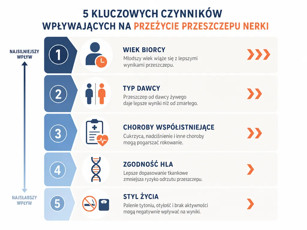 Infografika pięciu czynników wpływających na długość życia po przeszczepie nerki uporządkowanych według siły oddziaływania