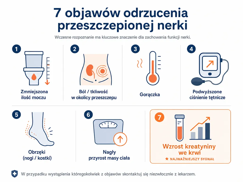 Infografika przedstawiająca siedem objawów odrzutu przeszczepionej nerki z wyróżnionym wzrostem kreatyniny