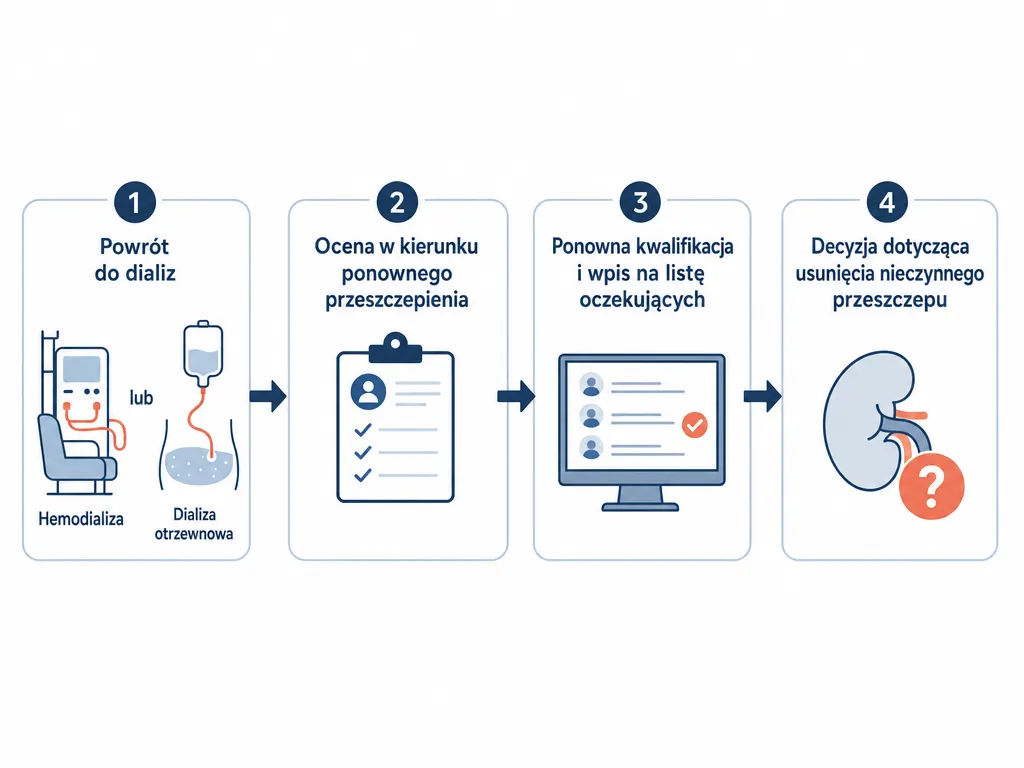 Diagram sekwencji postępowania po utracie funkcji przeszczepionej nerki od powrotu na dializę do retransplantacji